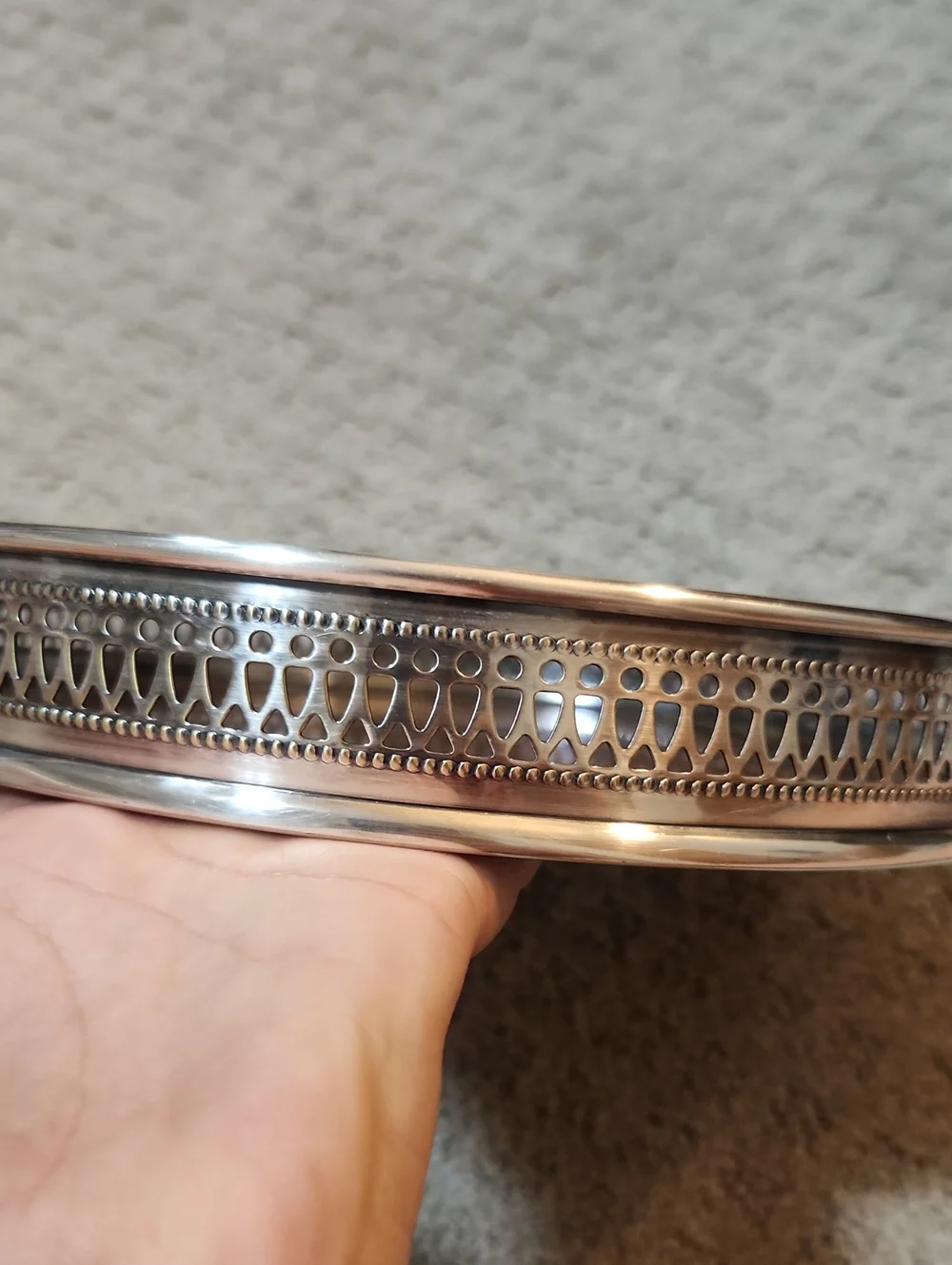 Vintage MCM Sheffield Round Silverplate Tray With Wood Look Formica Surface